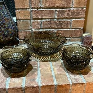 Vtg Indiana Glass Smoky Brown Diamond Cut Wavy Edge Salad Bowl Set (7 total)